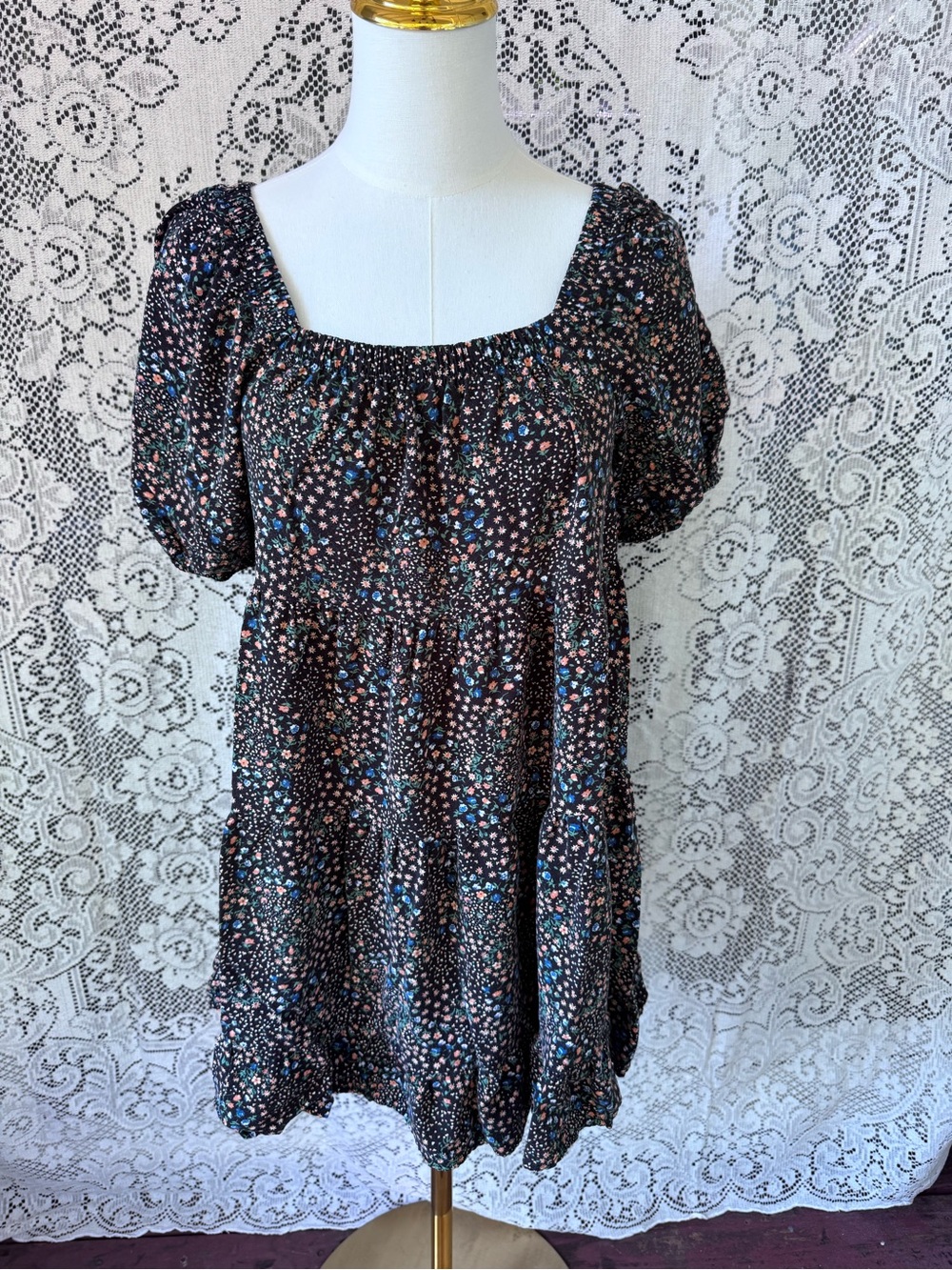 wild fable Black Floral Square in Neck Puff Sleeve Tunic Dress